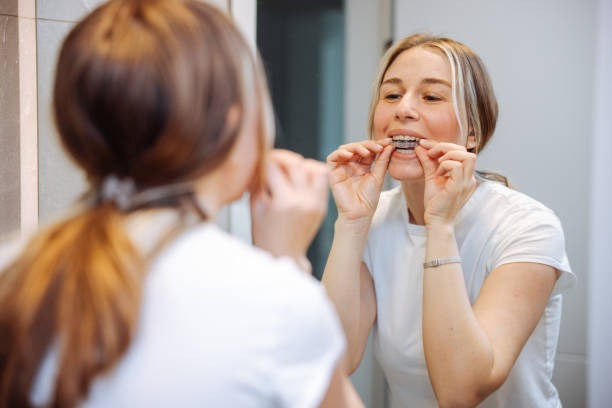 A woman, happy she did not choose metal braces, fitting clear braces for teeth while checking her smile in the mirror.