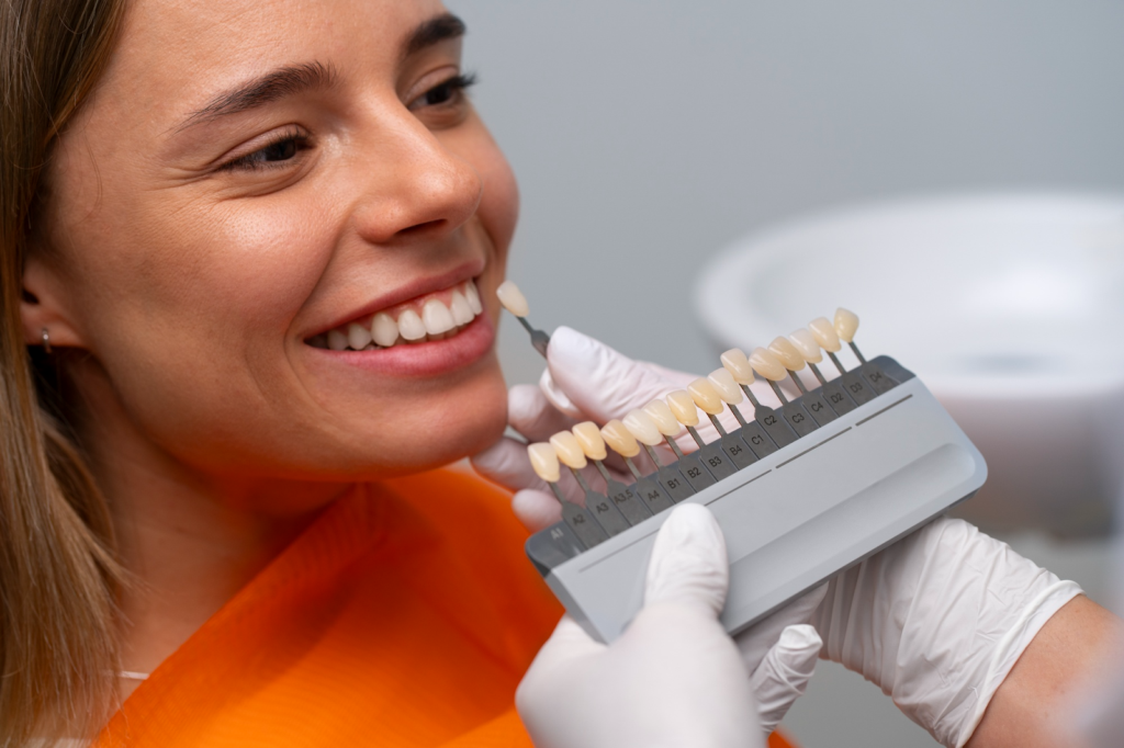 Teeth bonding color check for dental fillings, cosmetic enhancement, and fixing cavities.