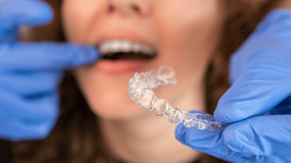 A woman, happy with her Invisalign price match, is lowering her cost of Invisalign.