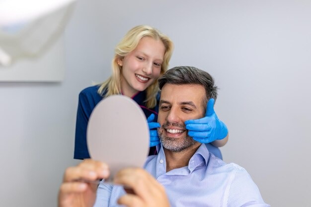 Dental professional checks a patient’s smile in a mirror as the patient reviews results before a dental implant procedure.
