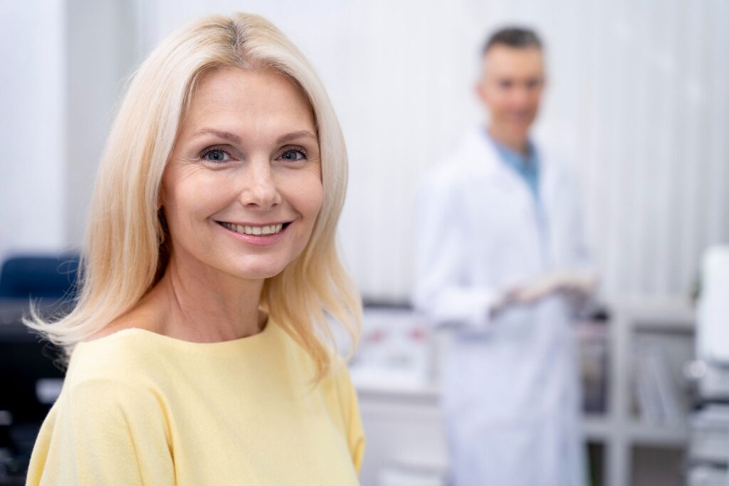 Patient smiling after a mini dental implant procedure.