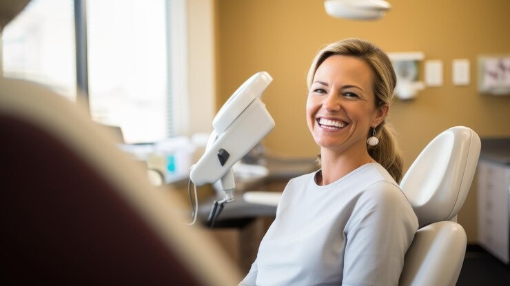 Happy woman showing off her bright smile after cosmetic dental treatment with our cosmetic dentist near you.